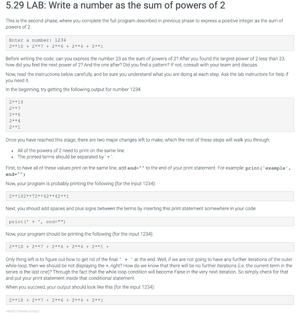 Solved 5.29 LAB: Write a number as the sum of powers of 2 | Chegg.com