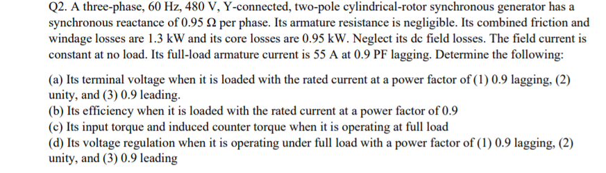 Solved Q2. A three-phase, 60 Hz, 480 V, Y-connected, | Chegg.com