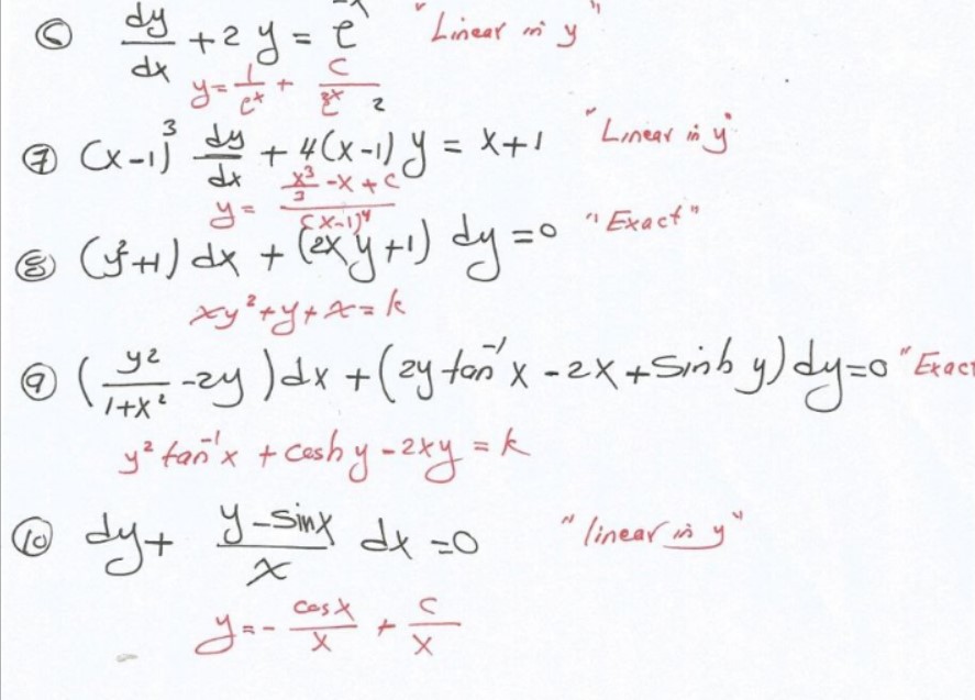 (6) \( \frac{d y}{d x}+2 y=e^{\prime} \quad \) Linear in \( y \) (7) \( \left.(x-1)^{3} \frac{d y}{d x}+\frac{4(x-1)}{\frac{x