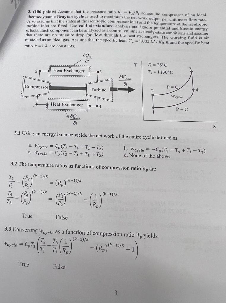 Solved 3. (100 points) Assume that the pressure ratio | Chegg.com