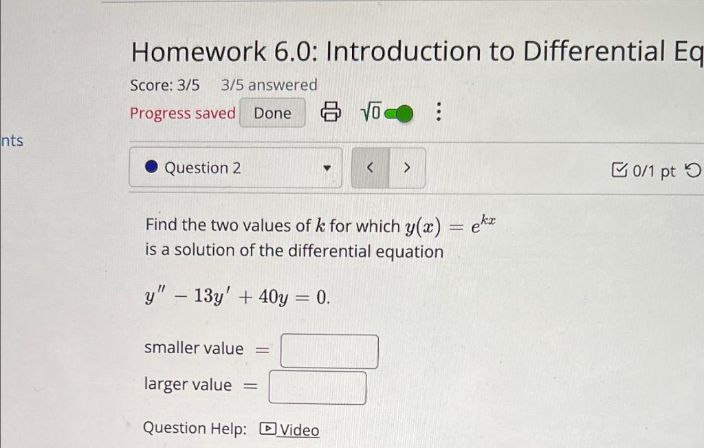 Solved Homework 6.0: Introduction to Differential Equations | Chegg.com