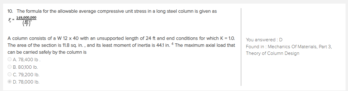 Solved The formula for the allowable average compressive | Chegg.com