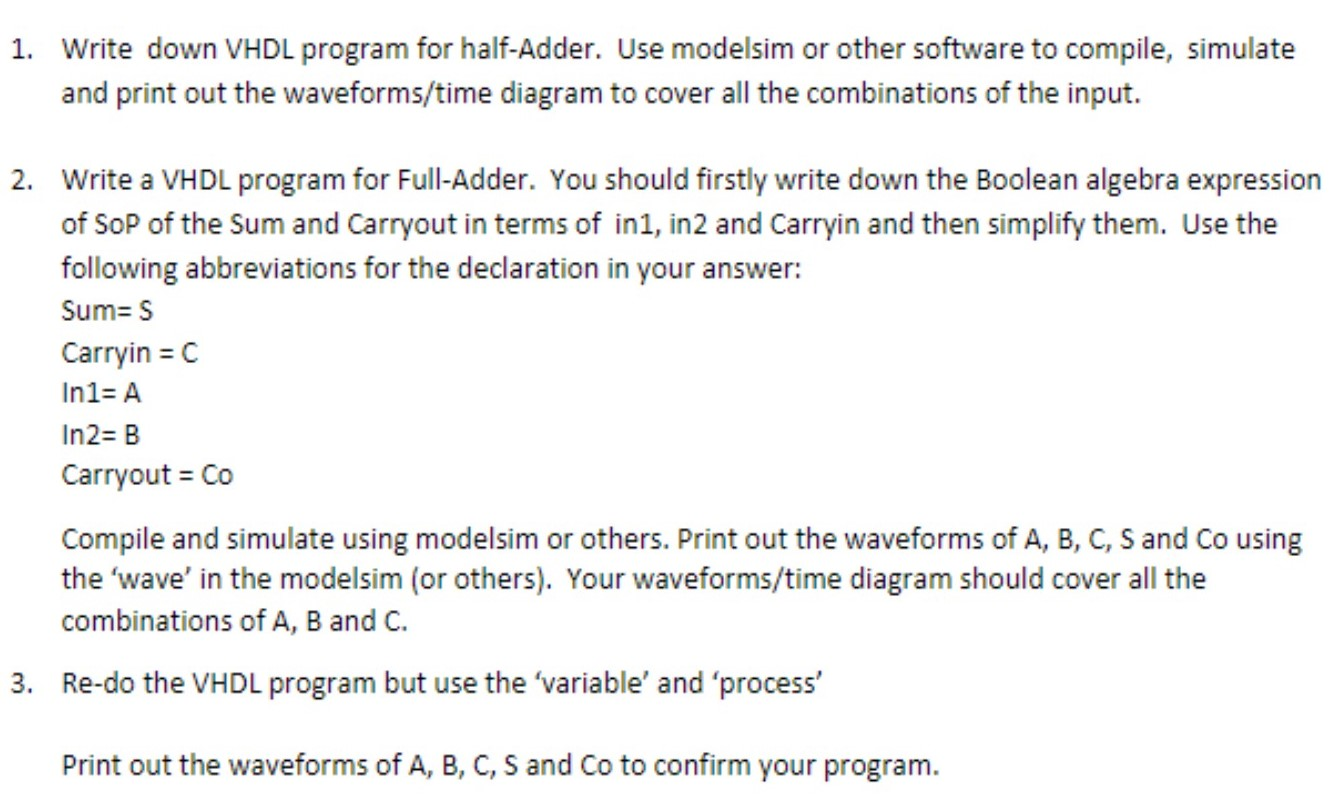 Solved 1. Write down VHDL program for half-Adder. Use | Chegg.com