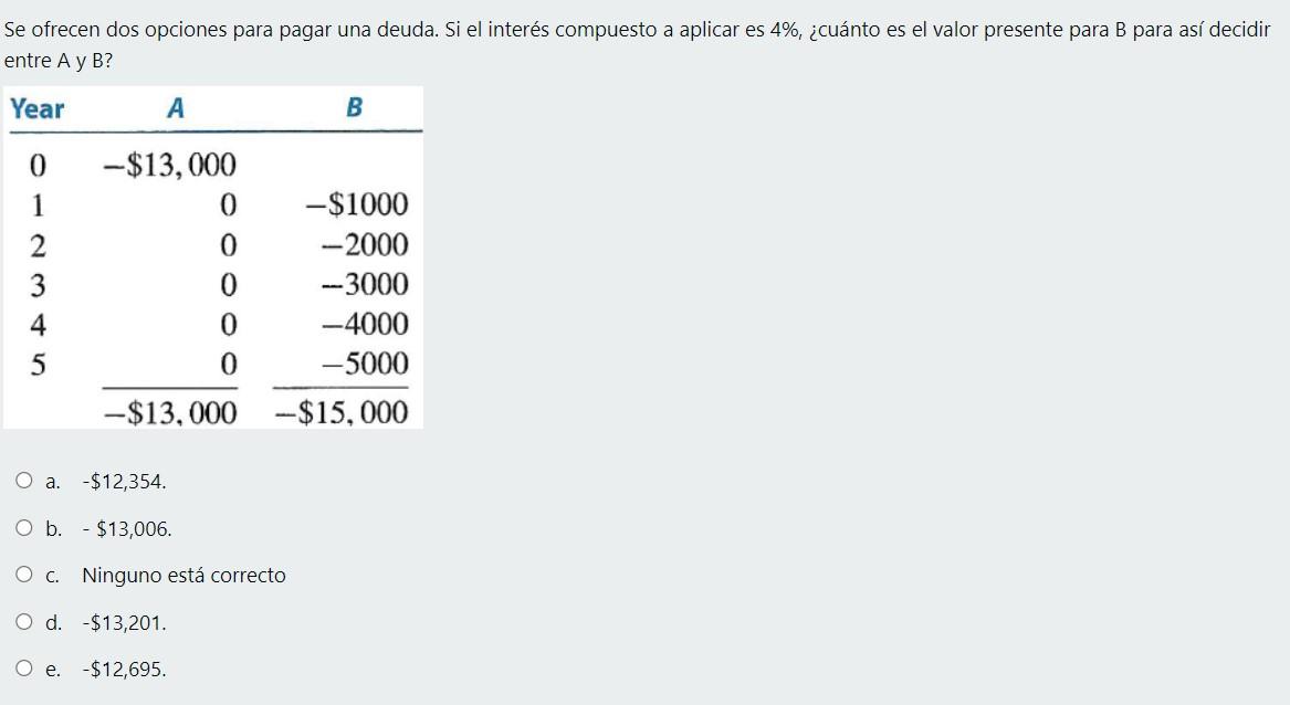 Se ofrecen dos opciones para pagar una deuda. Si el interés compuesto a aplicar es 4%, ¿cuánto es el valor presente para B pa