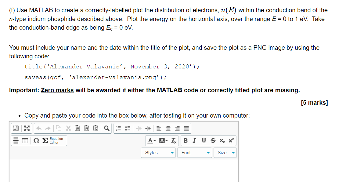 F Use Matlab To Create A Correctly Labelled Plot Chegg Com