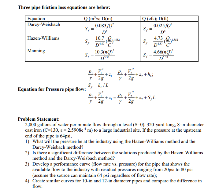 Solved Three pipe friction loss equations are below