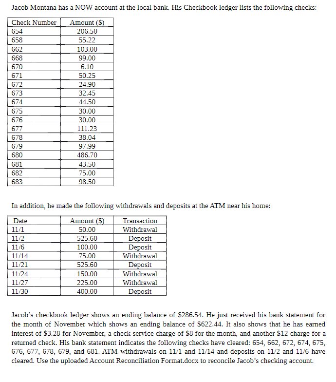 Solved Jacob Montana has a NOW account at the local bank. | Chegg.com