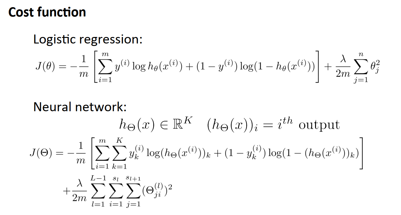 Logistic regression: \[ J(\theta)=-\frac{1}{m}\left[\sum_{i=1}^{m} y^{(i)} \log h_{\theta}\left(x^{(i)}\right)+\left(1-y^{(i)