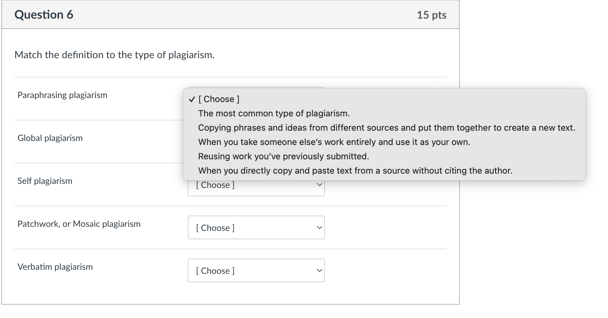 Solved Match the definition to the type of plagiarism. | Chegg.com