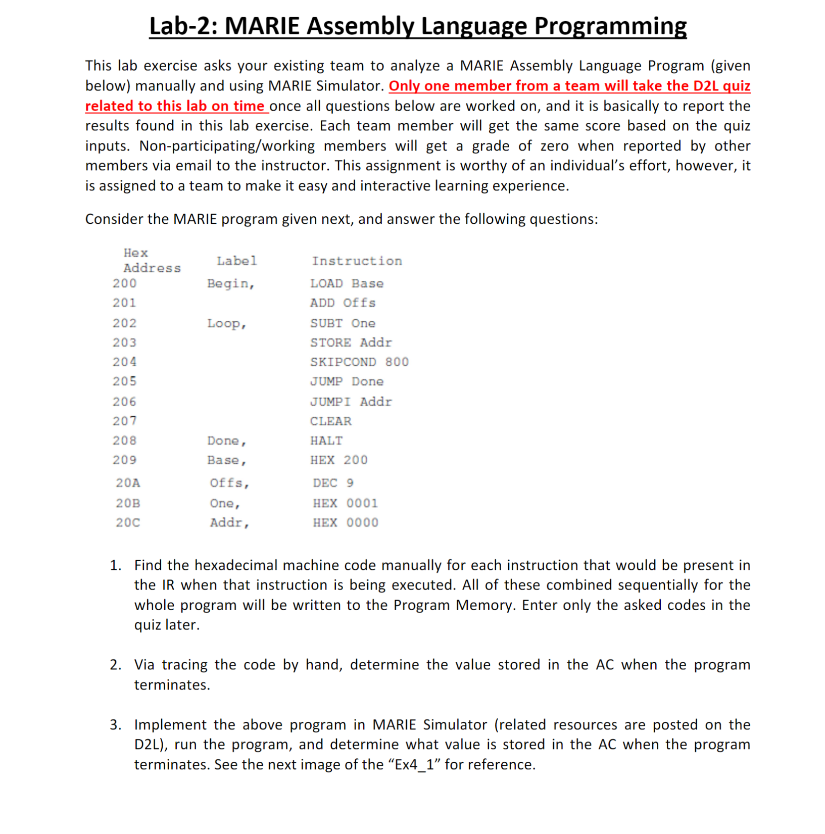 Lab-2: MARIE Assembly Language Programming This Lab | Chegg.com