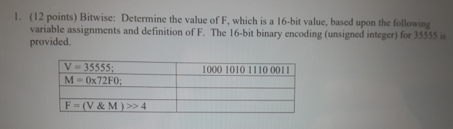 Solved 1. (12 Points) Bitwise: Determine The Value Of F, | Chegg.com