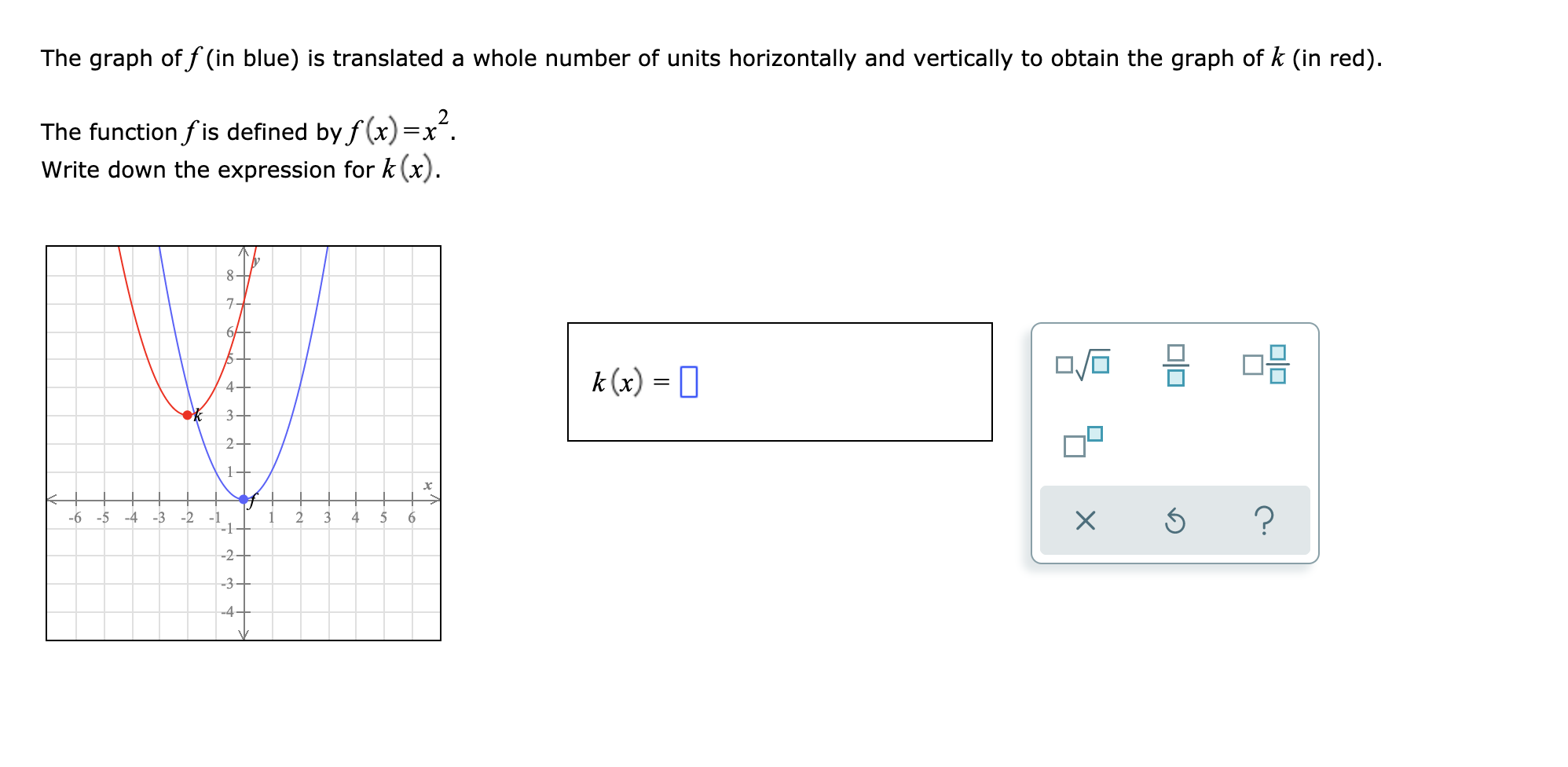 Solved The graph of f (in blue) is translated a whole number | Chegg.com