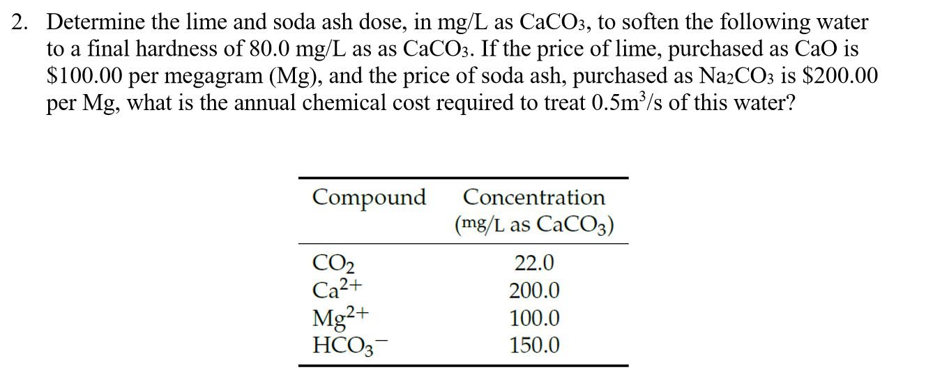 Solved 2. Determine the lime and soda ash dose, in mg/L as | Chegg.com