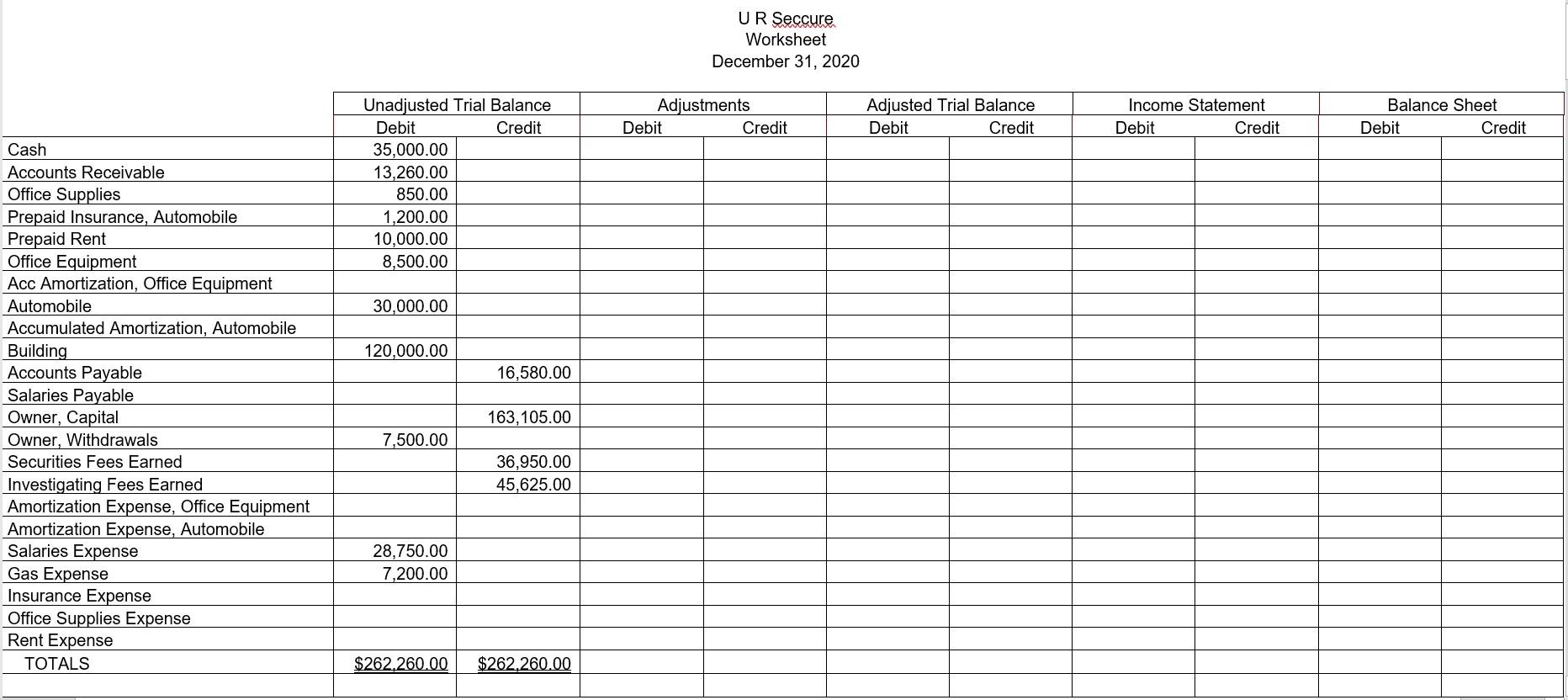 Solved UR Seccure Worksheet December 31, 2020 Adjustments | Chegg.com