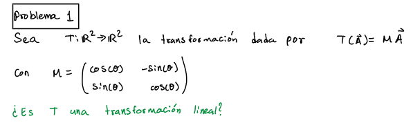 Problema 1 Sea \( T i \mathbb{R}^{2} \rightarrow \mathbb{R}^{2} \) la transformación dada por \( T(\vec{A})=M \vec{A} \) con