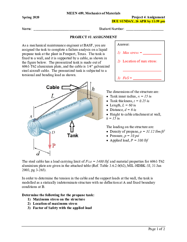 Spring 2020 MEEN 489, Mechanics of Materials Project