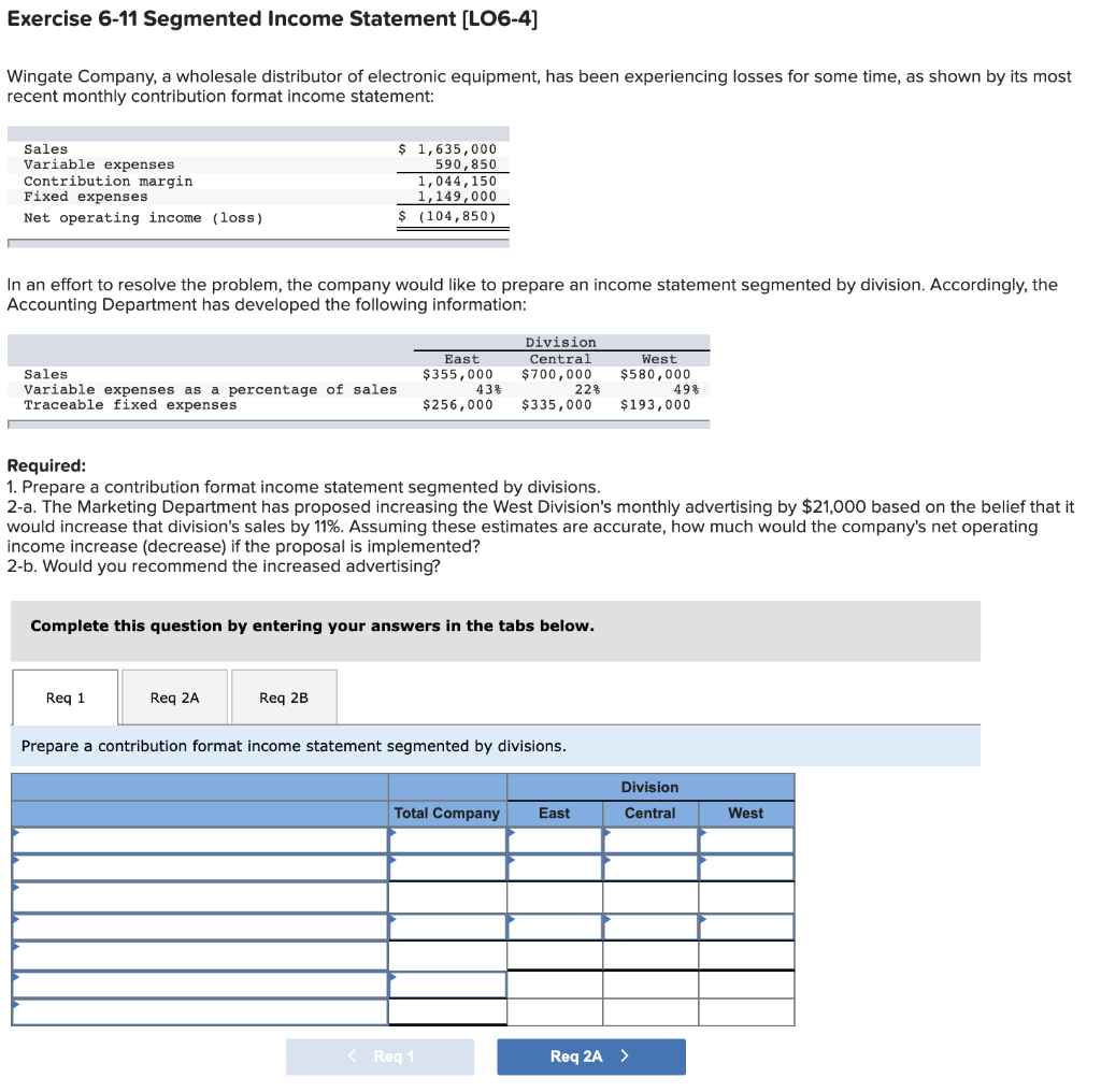 Solved Exercise 6-11 Segmented Income Statement (LO6-4] | Chegg.com