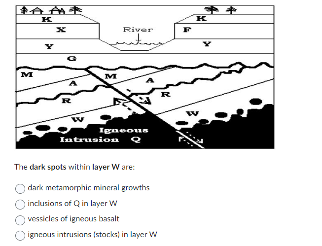 The dark spots within layer \( \mathrm{W} \) are:
dark metamorphic mineral growths inclusions of \( Q \) in layer \( W \) ves