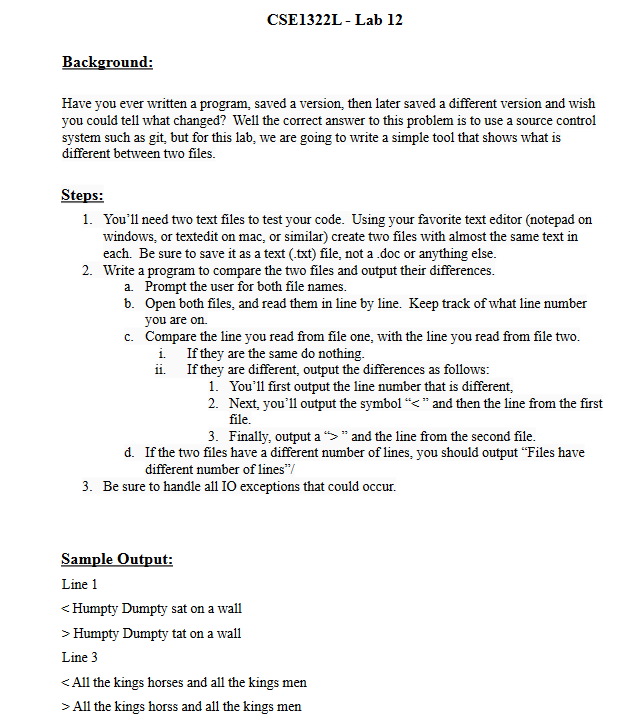 Solved CSE1322L - Lab 12 Background: Have you ever written a | Chegg.com