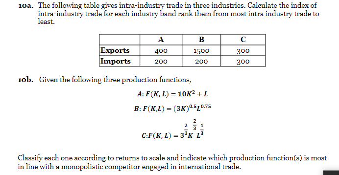 Solved 10a. The Following Table Gives Intra-industry Trade | Chegg.com