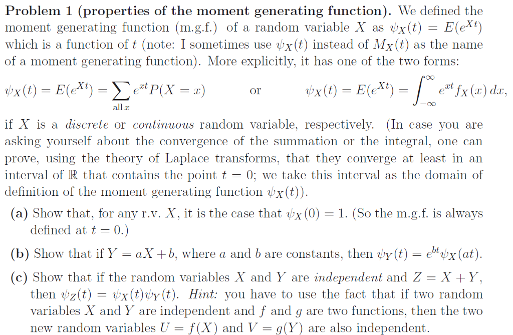Solved Problem 1 (properties of the moment generating | Chegg.com