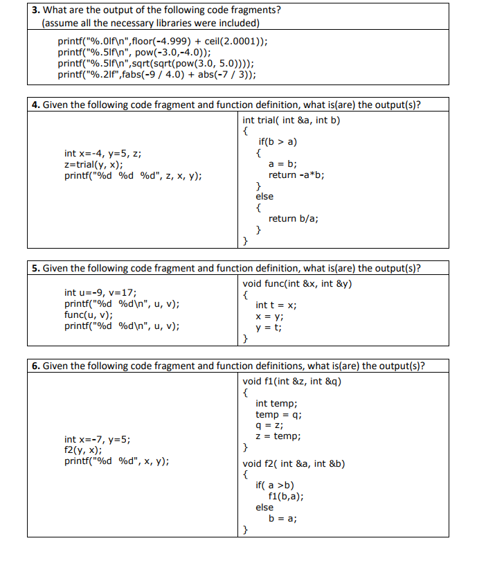 Solved 1. Given the following code fragment and function | Chegg.com