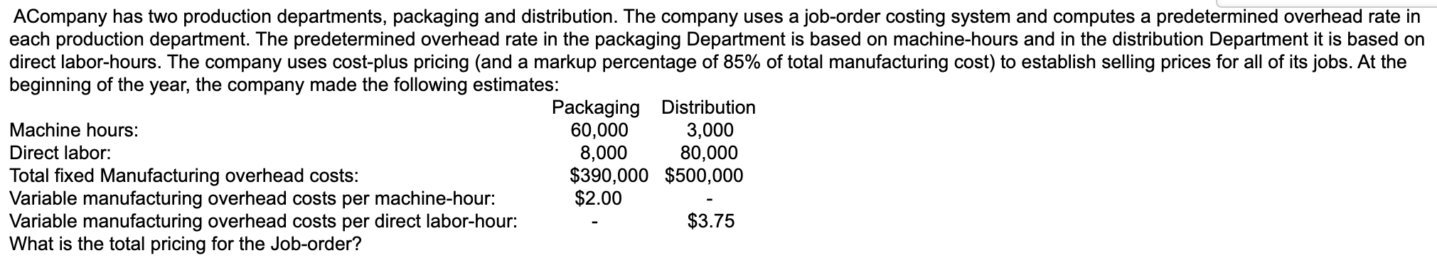 Solved Acompany Has Two Production Departments Packaging Chegg