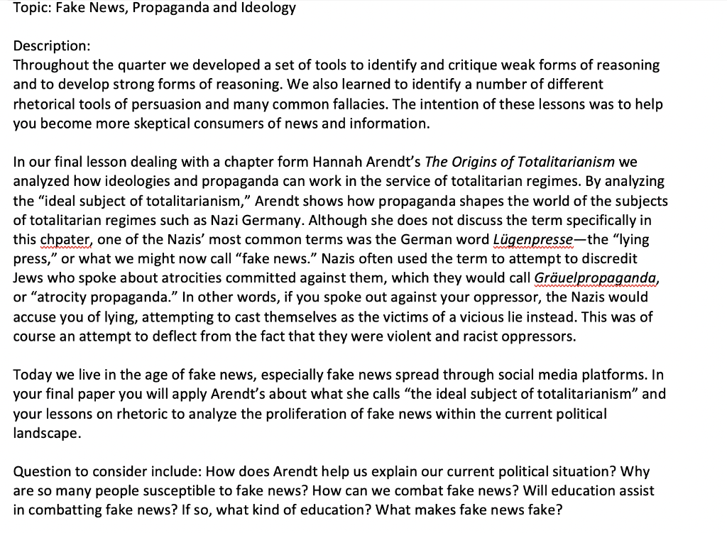 Solved Topic: Fake News, Propaganda and Ideology | Chegg.com