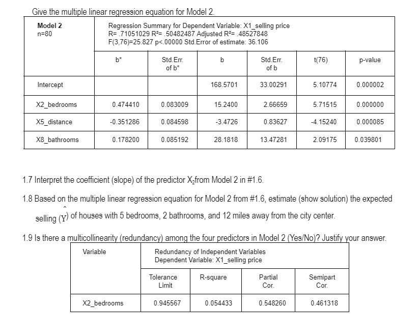 Solved Give the multiple linear regression equation for | Chegg.com