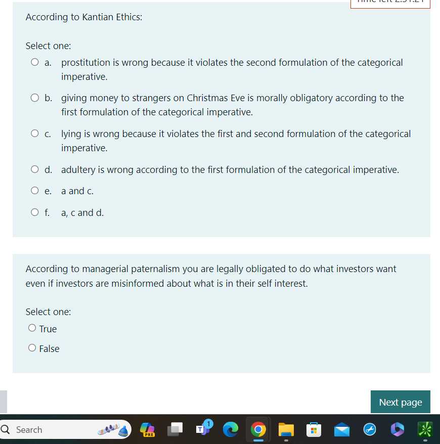 Solved According to Kantian Ethics:Select one:a. | Chegg.com