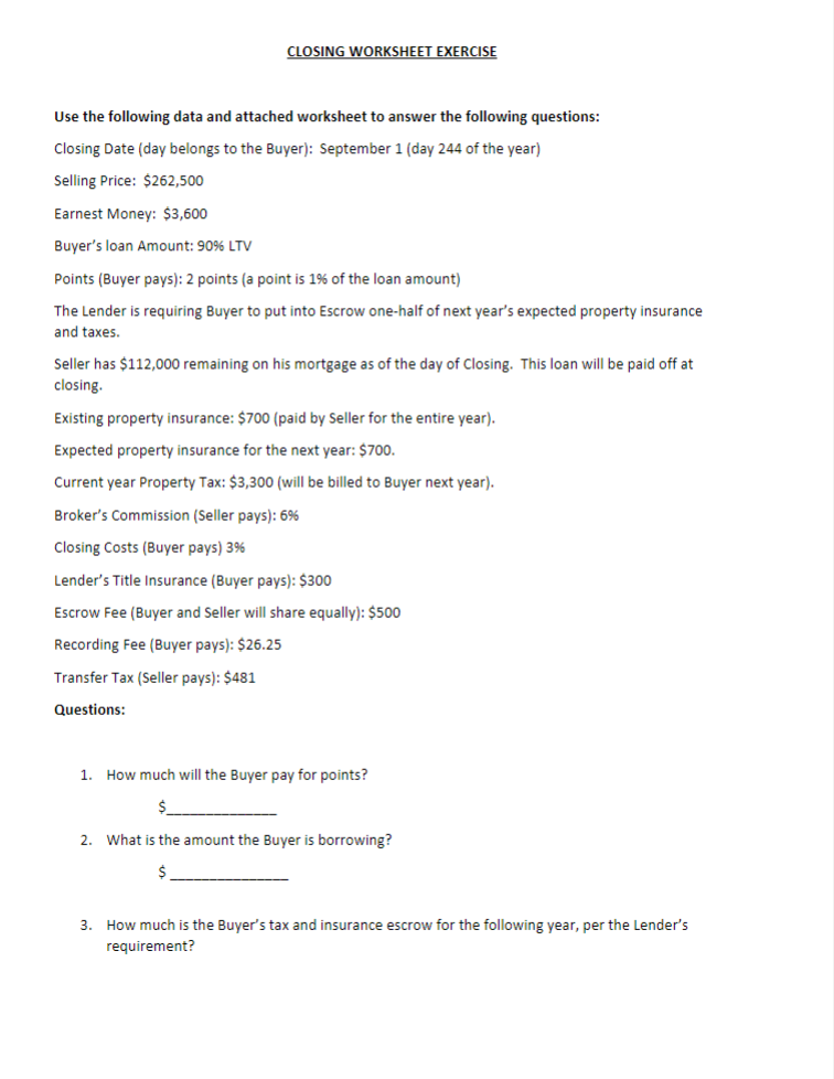 CLOSING WORKSHEET EXERCISE Use the following data and | Chegg.com