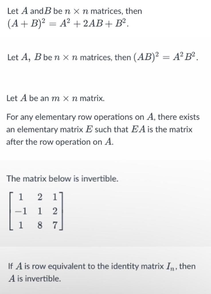 Solved Let A And B Ben X N Matrices, Then (A + B)² = A² | Chegg.com