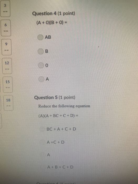 Solved 3 Question 4 (1 point) 6 OAB 12 0 15 Question 5 (1 | Chegg.com