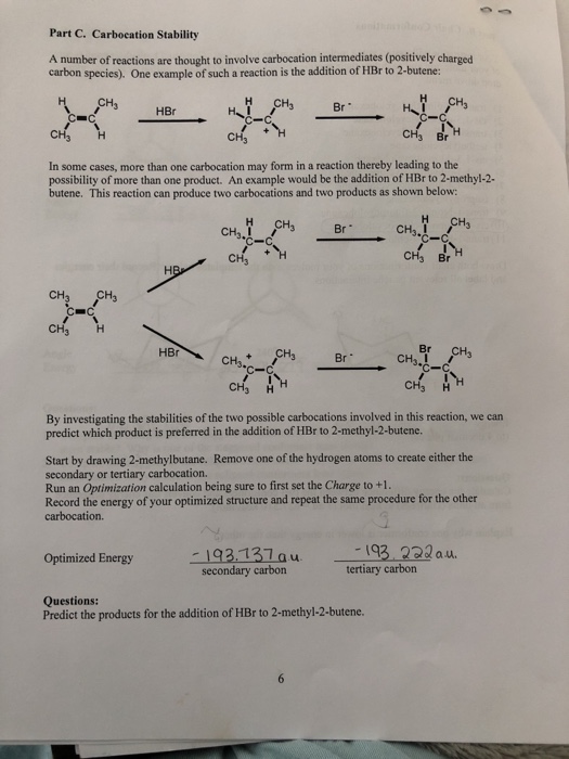 Solved Part C. Carbocation Stability A number of reactions | Chegg.com