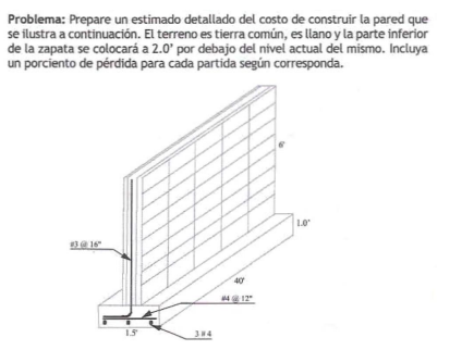 Problema: Prepare un estimado detallado del costo de construir la pared que se ilustra a continuación. El terreno es tierra c