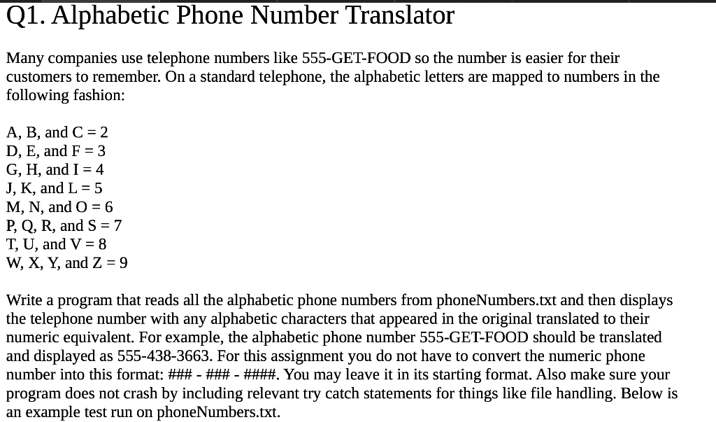 Q1. Alphabetic Phone Number Translator Many companies