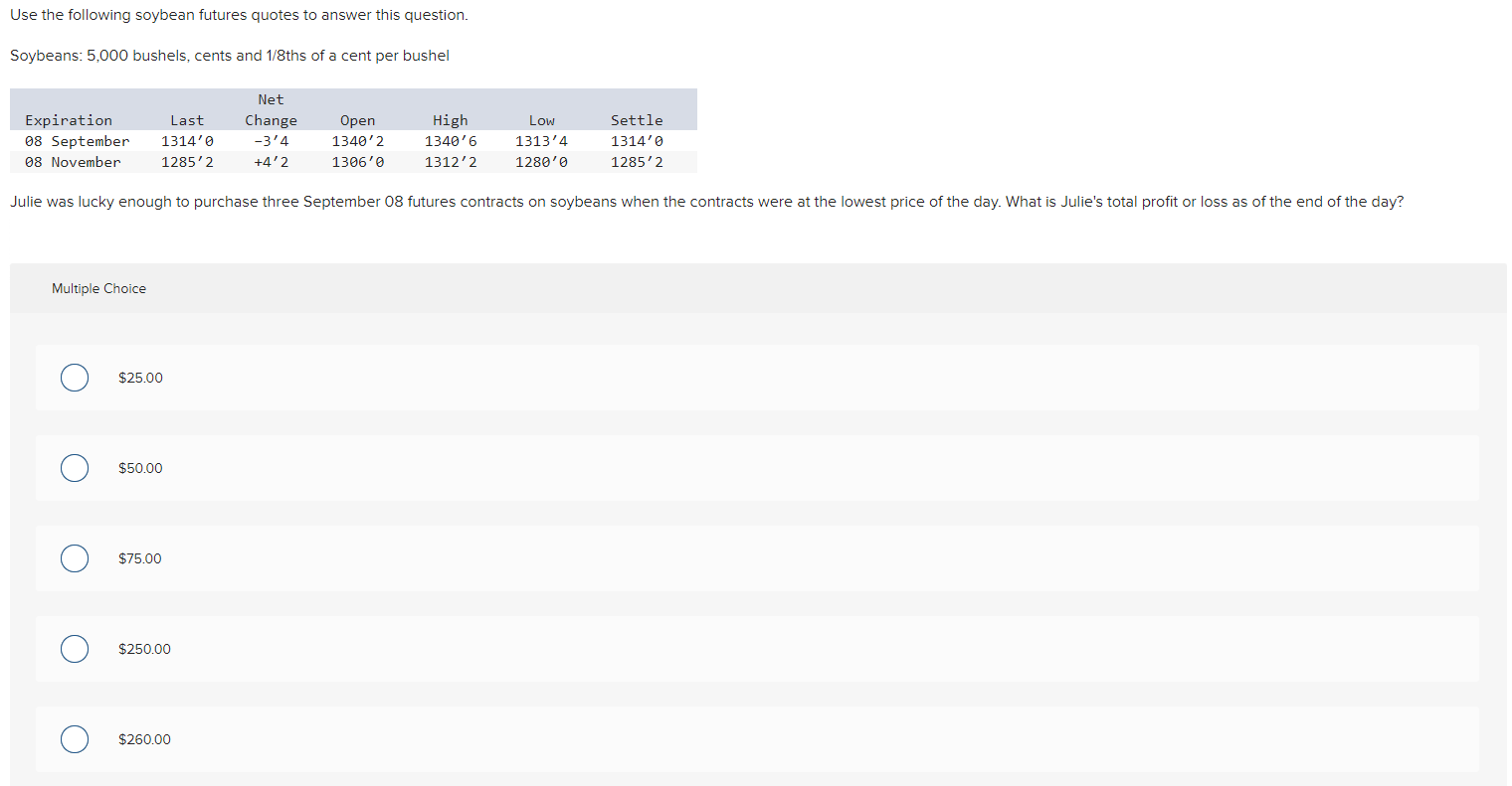 Solved Use the following soybean futures quotes to answer