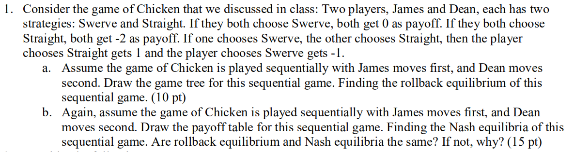 Solved 1. Consider the game of Chicken that we discussed in | Chegg.com