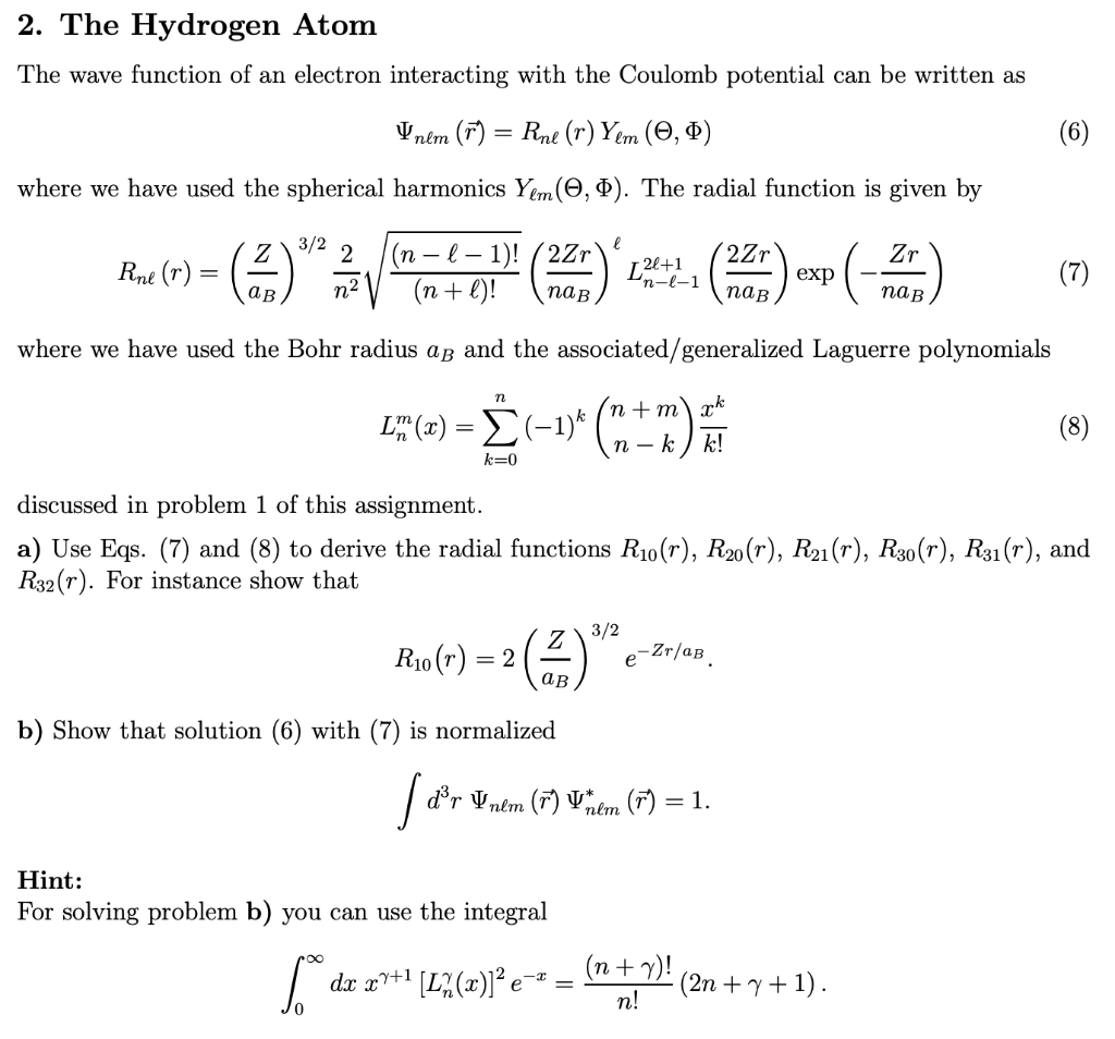 Solved 2. The Hydrogen Atom The wave function of an electron | Chegg.com