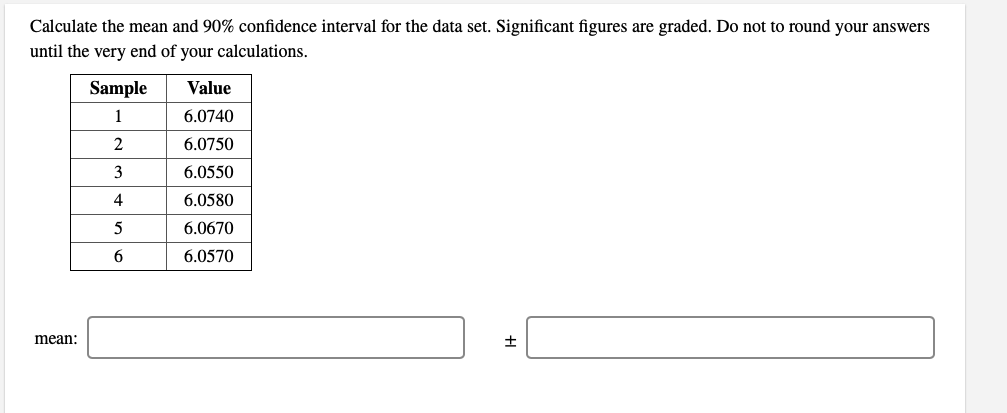 Solved Calculate the mean and 90% confidence interval for | Chegg.com