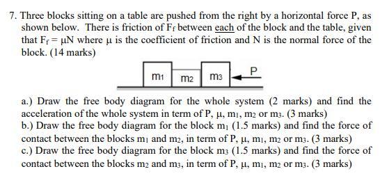 Solved 7. Three blocks sitting on a table are pushed from | Chegg.com