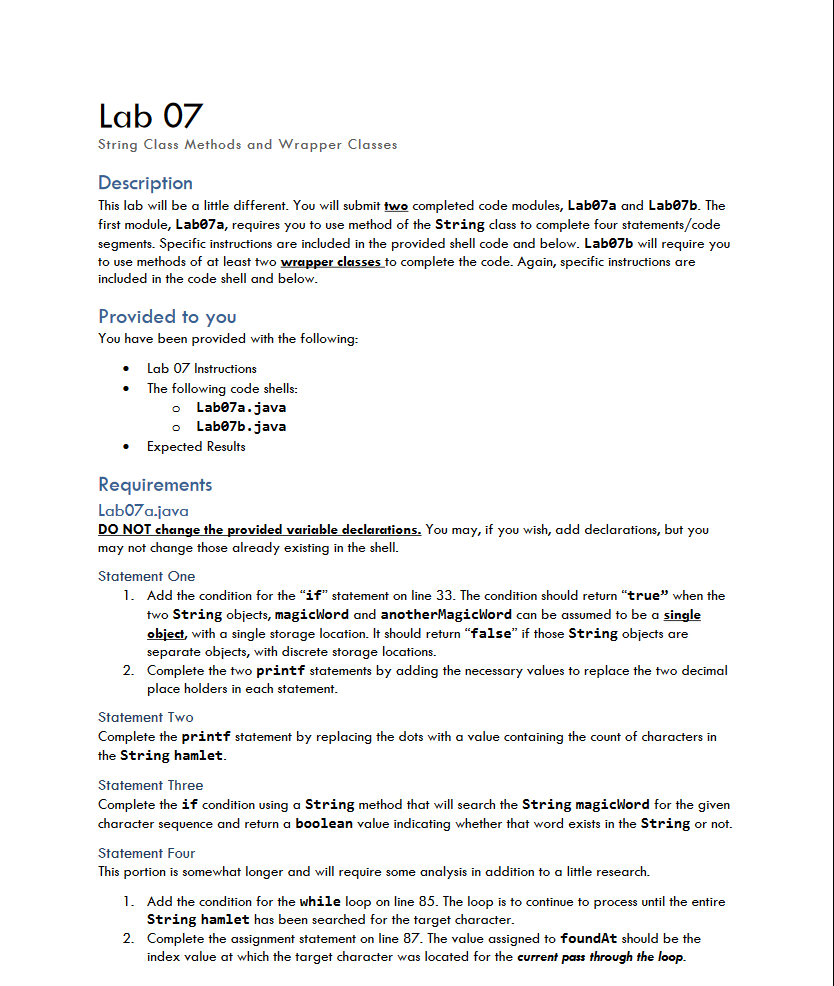 Solved Lab 07 String Class Methods and Wrapper Classes | Chegg.com