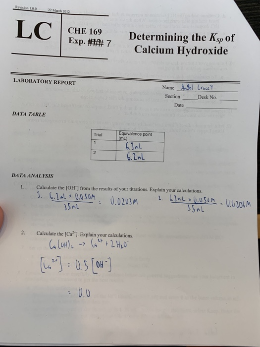 Solved CHI. 169 7 Determining The Ksp Of Calcium Hydroxide | Chegg.com