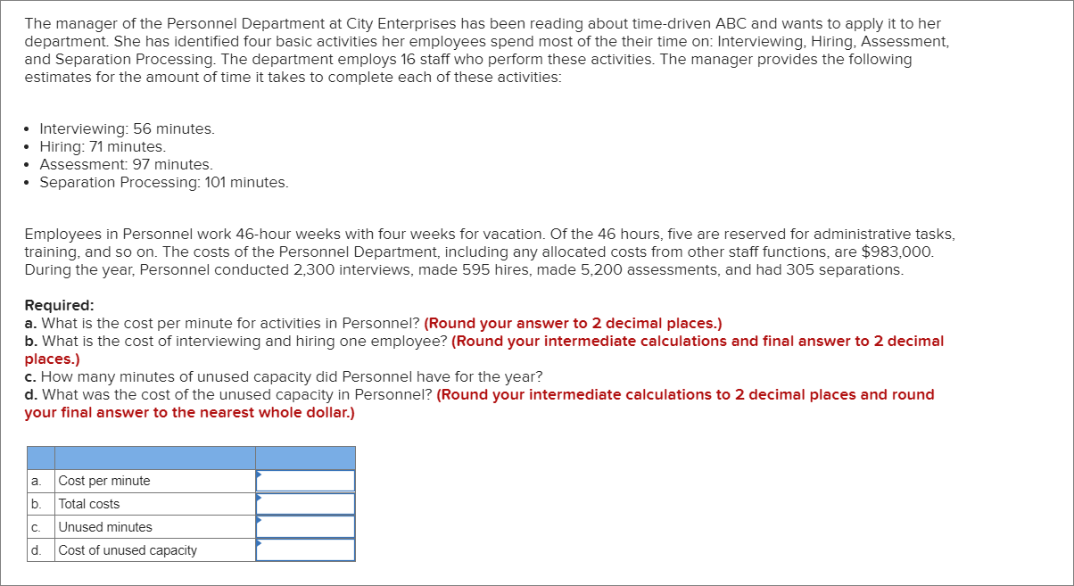 Solved The manager of the Personnel Department at City | Chegg.com