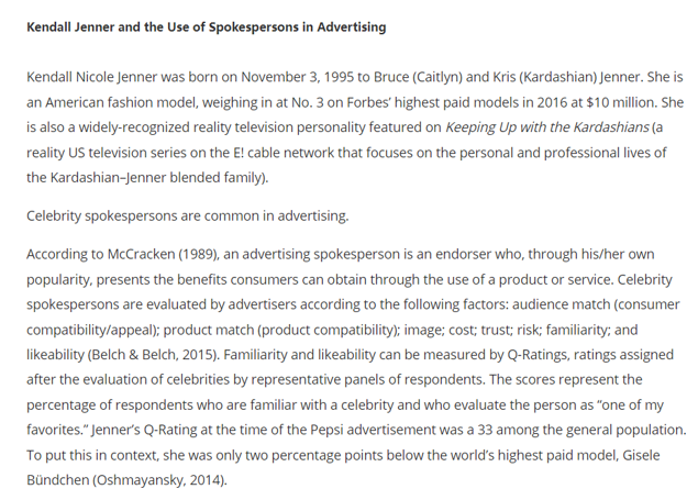 Kendall Jenner and the Use of Spokespersons in Advertising
Kendall Nicole Jenner was born on November 3, 1995 to Bruce (Caitl