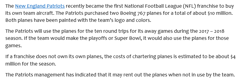 The New England Patriots Are the First NFL Team to Buy an Airplane