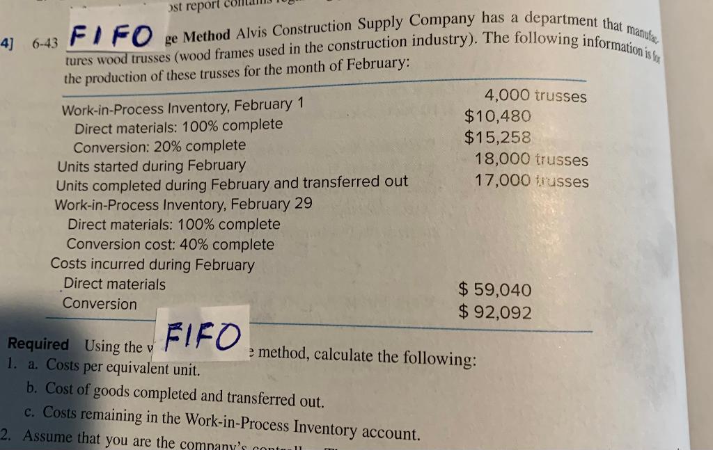 Solved ost report ge Method Alvis Construction Supply
