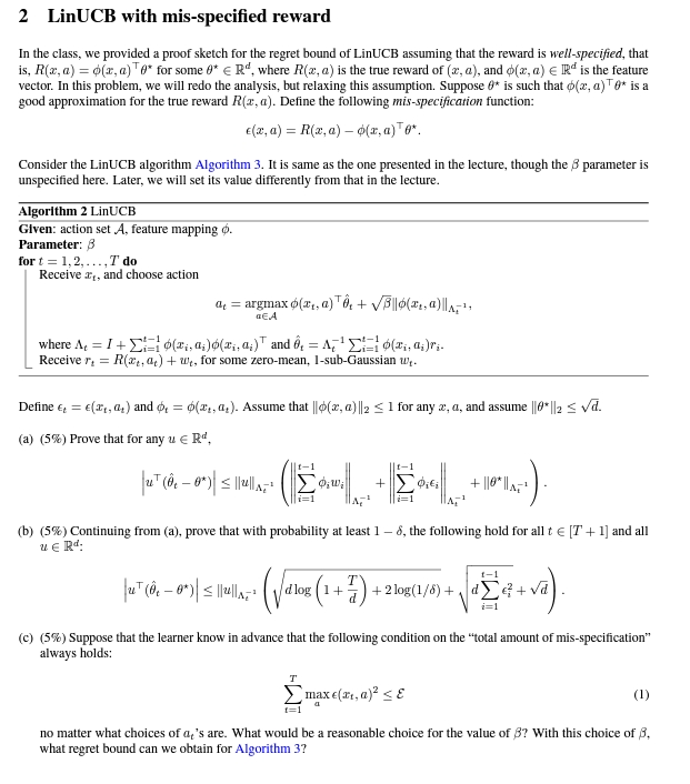 Linucb Algorithm LinUCB with mis-specified reward | Chegg.com