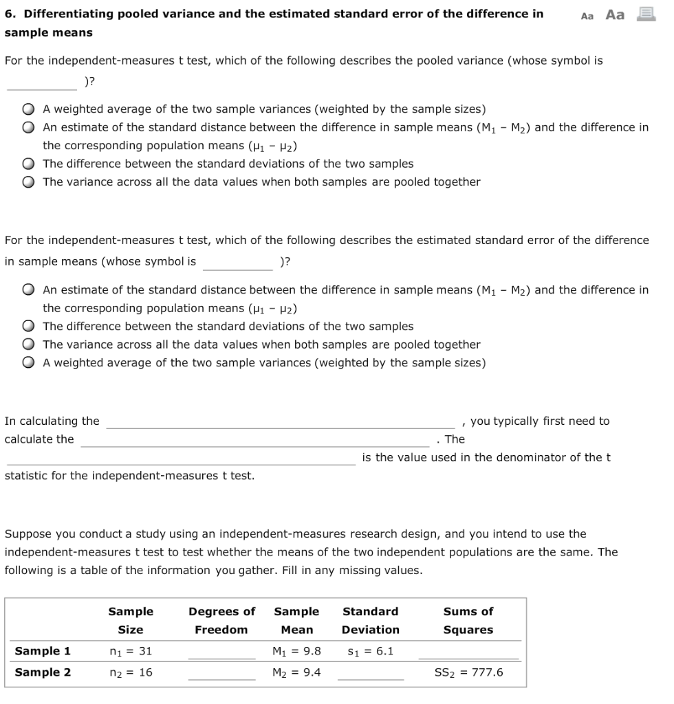 Solved Aa Aa E 6. Differentiating pooled variance and the | Chegg.com