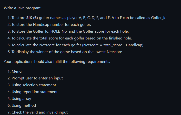 Solved Write A Java Program 1 To Store Six 6 Golfer N Chegg Com